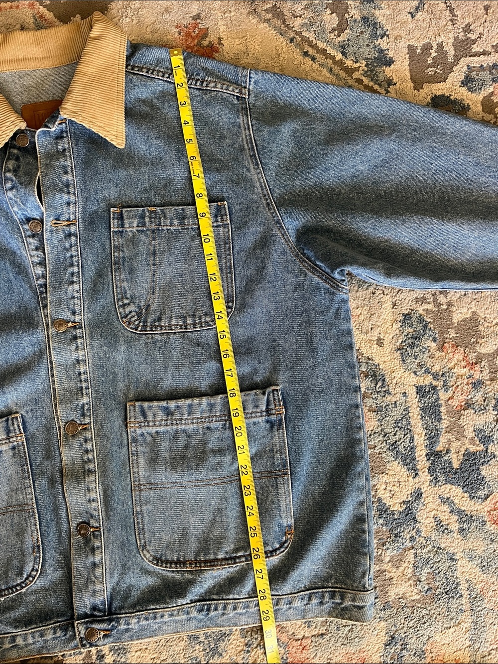 VTG 90s I.O.U. Denim Chore Jacket Barn Coat with Corduroy Collar - Picture 14 of 16